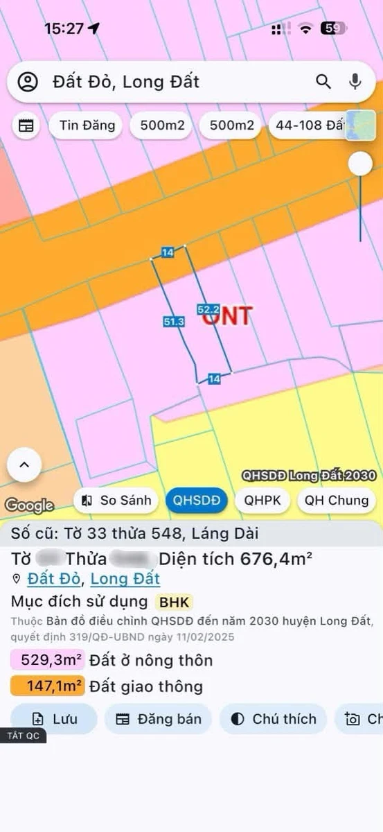 Bán đất 676,4m2 mặt tiền QL55 Láng Dài Xã Đất Đỏ giá 2,999 tỷ - Ảnh 1