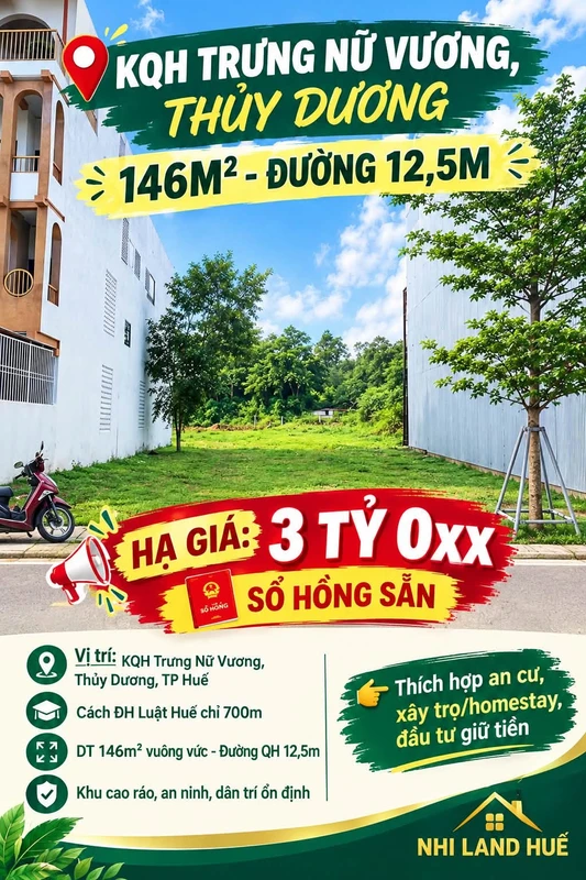 Bán đất 146m² KQH Trưng Nữ Vương, Thủy Dương, Huế - 3 tỷ