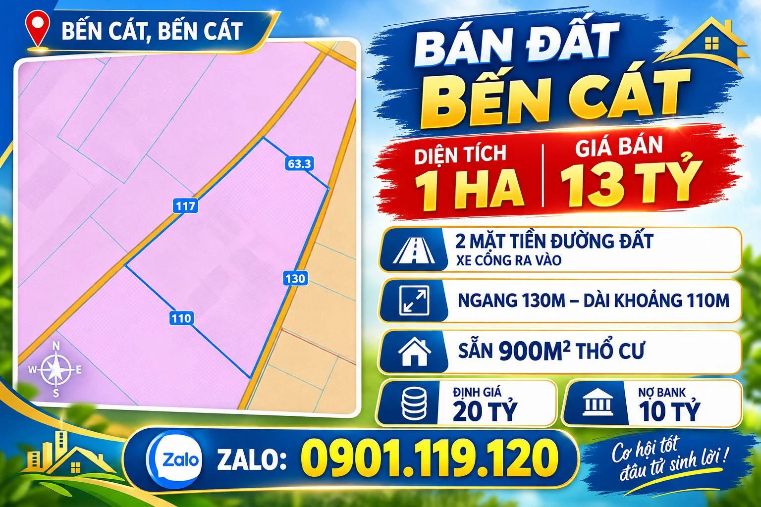 Bán đất 1ha 2 mặt tiền tại Bến Cát, Bình Dương, giá 13 tỷ - Ảnh 1