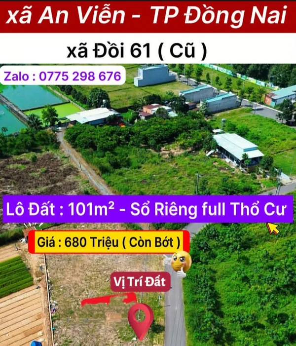 Bán đất 101m² sổ riêng Xã An Viễn, Đồng Nai, 680 triệu