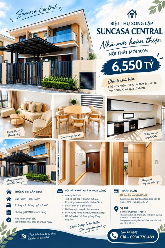 Bán biệt thự song lập Suncasa Central VSIP II 168m2, 3PN, giá 6,55 tỷ