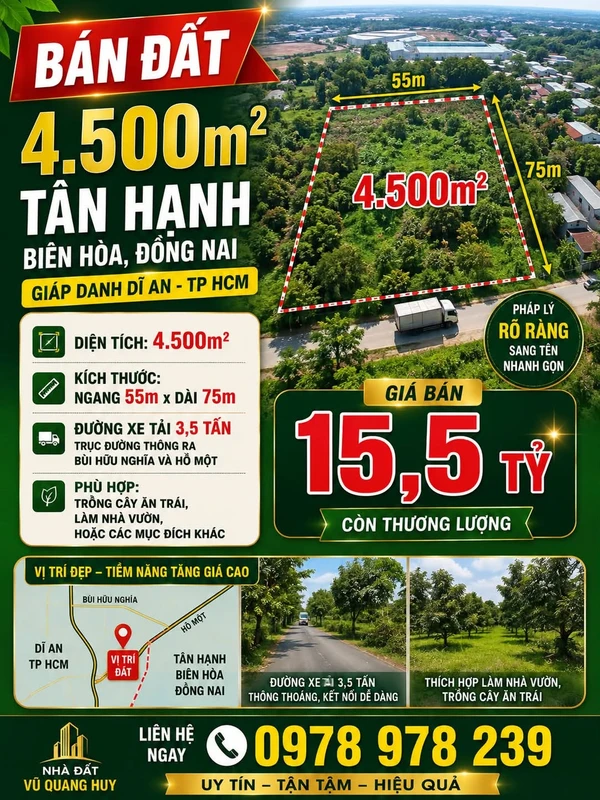 Bán lô đất 4.500m² Tân Hạnh, Biên Hòa, Đồng Nai, giá 15,5 tỷ
