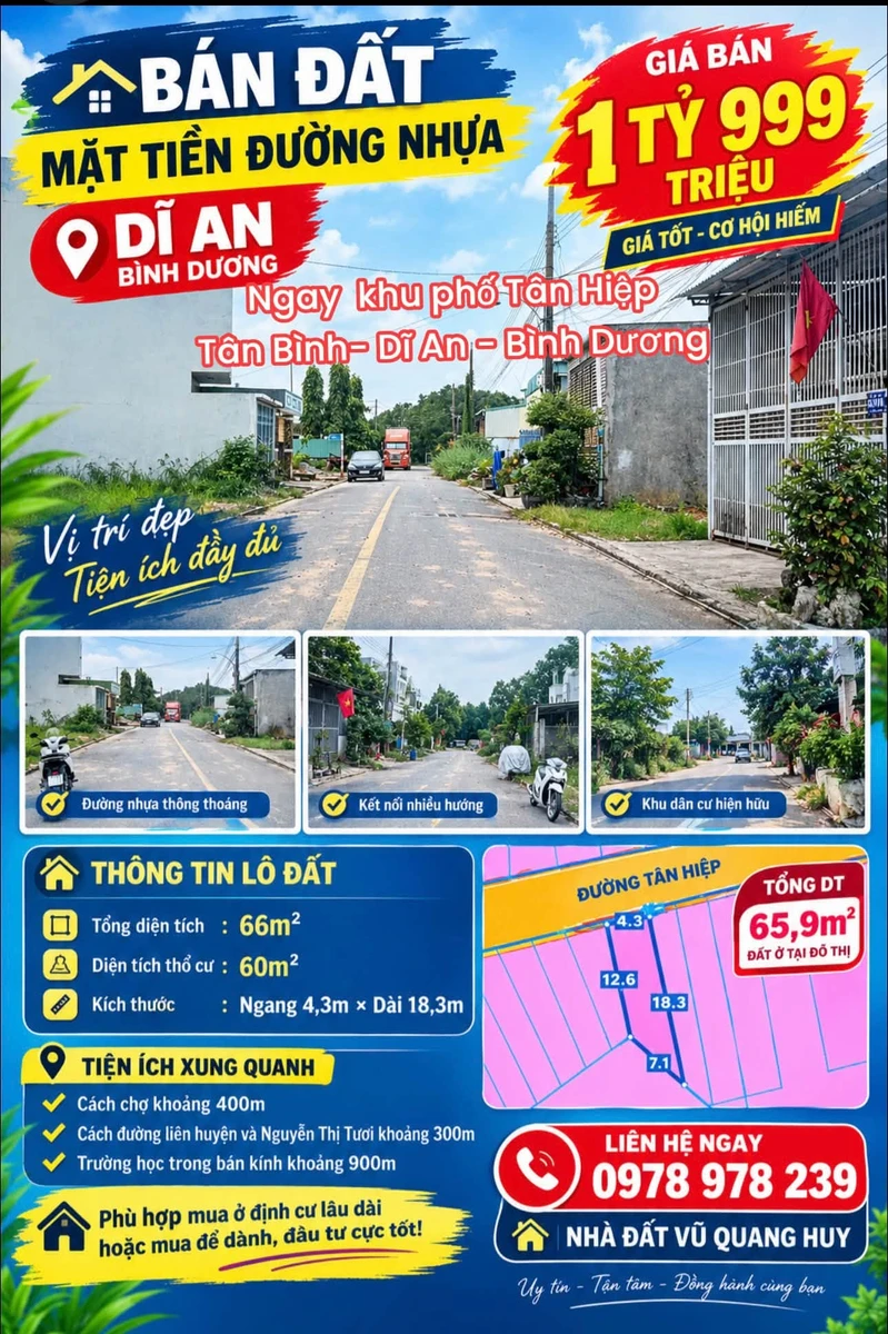 Bán đất mặt tiền 66m² Tân Hiệp, Dĩ An, Bình Dương 1,999 tỷ - Ảnh 1