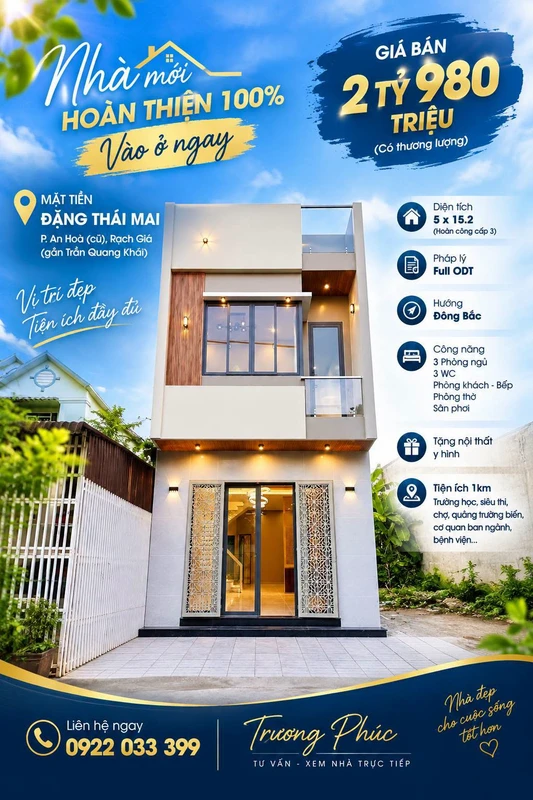 Bán nhà mới 3PN 76m² mặt tiền Đặng Thái Mai Rạch Giá