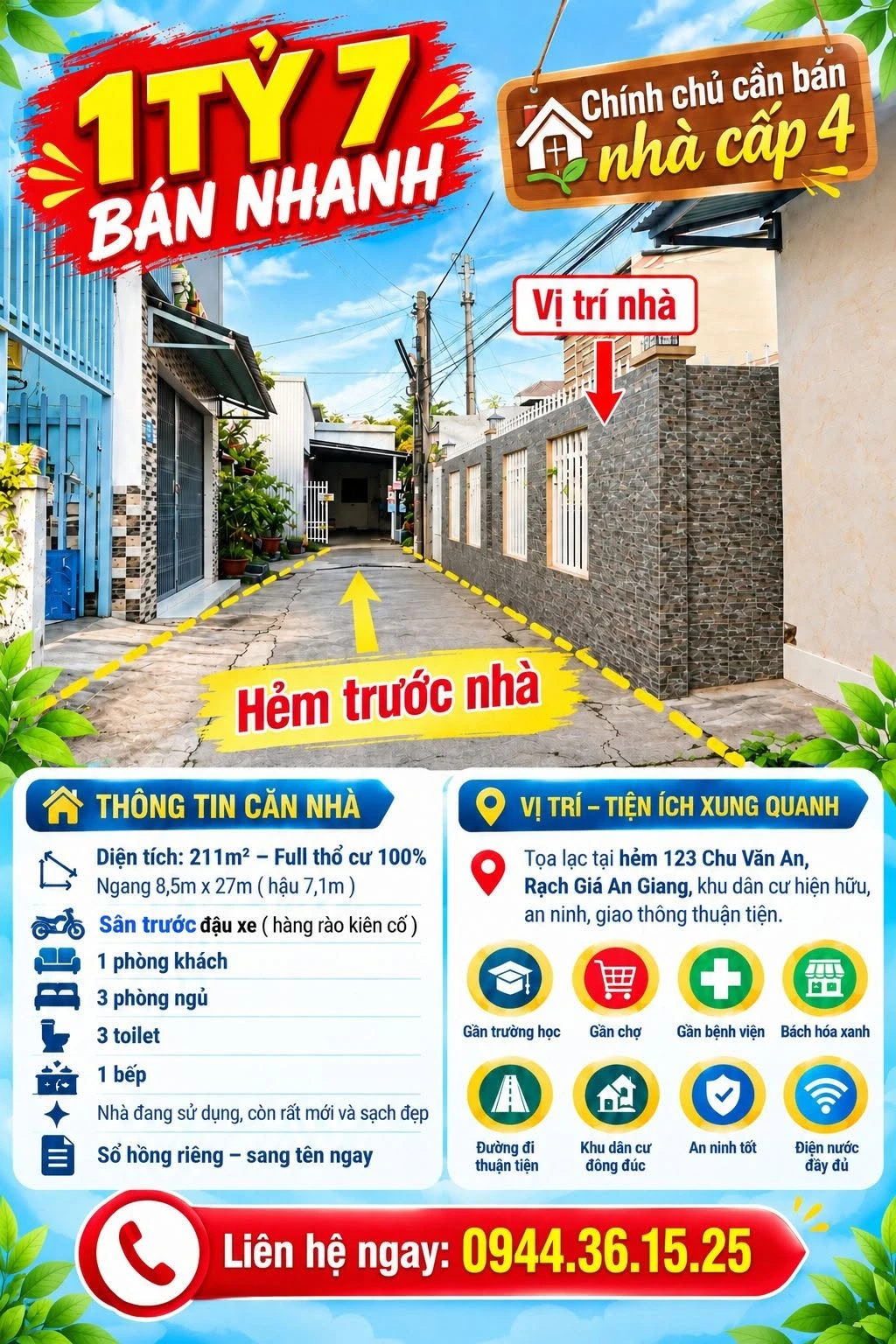 Bán nhà cấp 4 211m² full thổ cư Rạch Giá 1 tỷ 7 - Ảnh 1