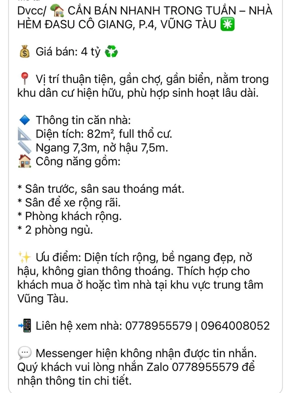 Bán nhà hẻm Cô Giang 82m² 2PN Vũng Tàu 4 tỷ