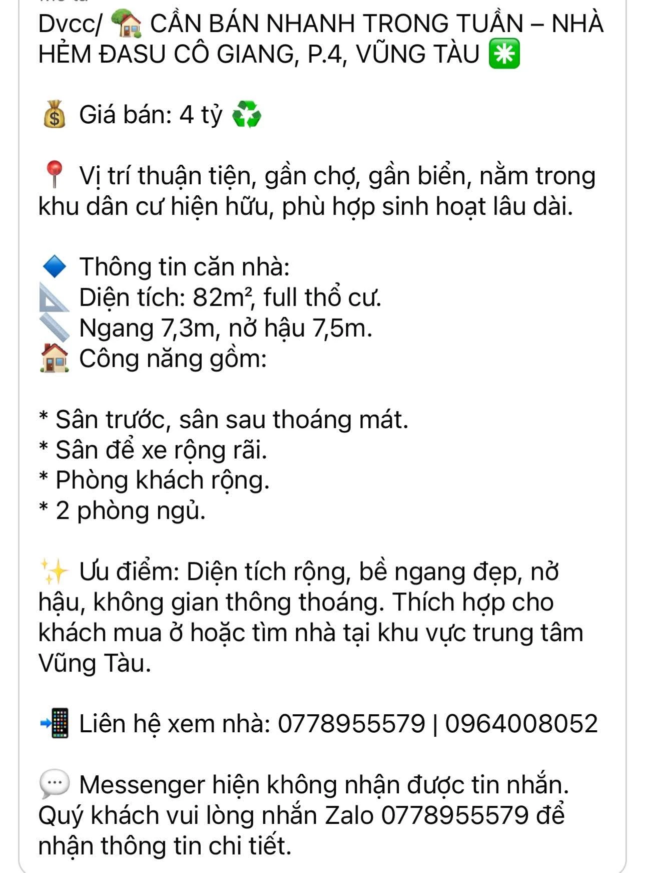 Bán nhà hẻm Cô Giang 82m² 2PN Vũng Tàu 4 tỷ - Ảnh 1