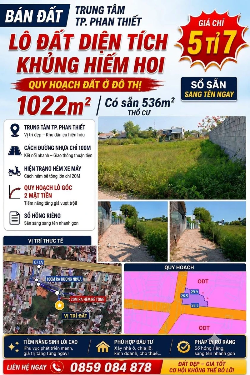 Bán đất 1022m2 sổ cư tại Phan Thiết 5.7 tỷ - Ảnh 1