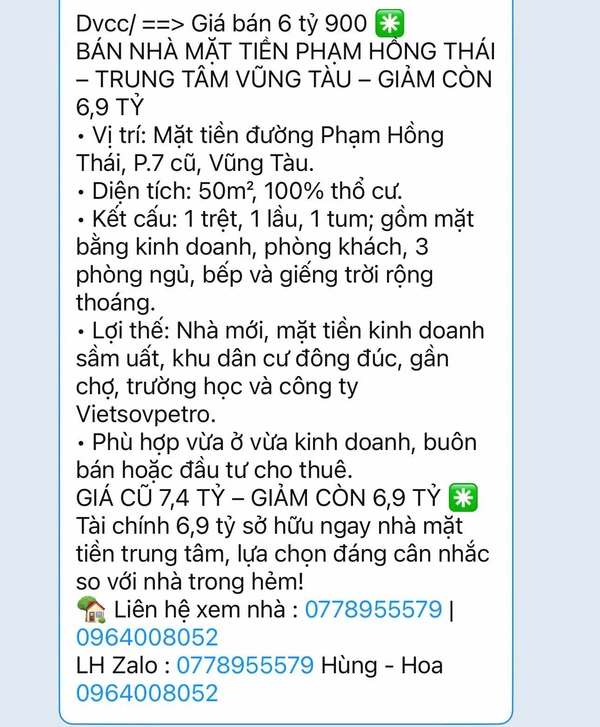 Bán nhà mặt tiền Phạm Hồng Thái Vũng Tàu 50m² 6,9 tỷ