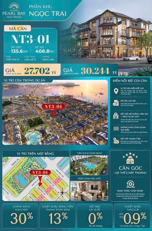 Bán căn góc Vinhomes Pearl Bay phân khu Ngọc Trai Nha Trang 135,64m², giá 30,244 tỷ