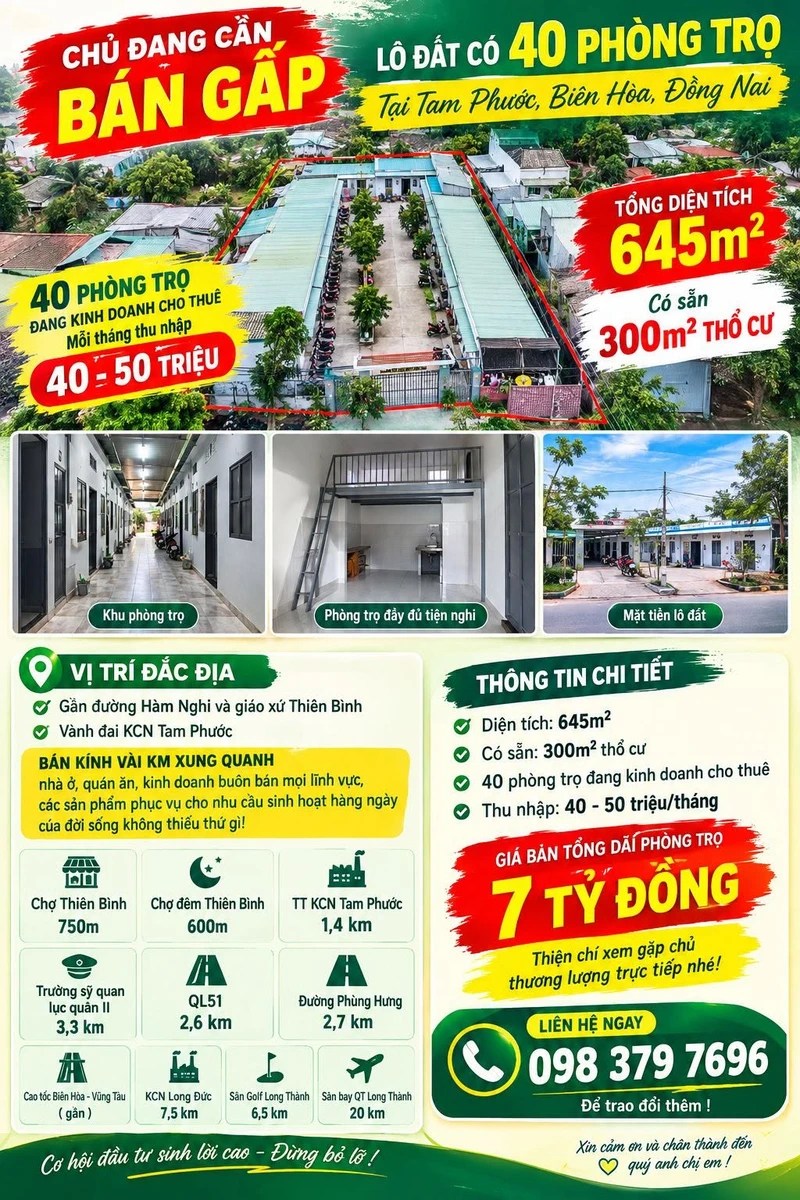 Bán dãy 40 phòng trọ khai thác 645m² Tam Phước Biên Hòa 7 tỷ - Ảnh 1