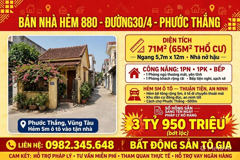 Bán nhà hẻm 71m² Đường 30 Tháng 4, Phước Thắng, Vũng Tàu - 3,95 tỷ