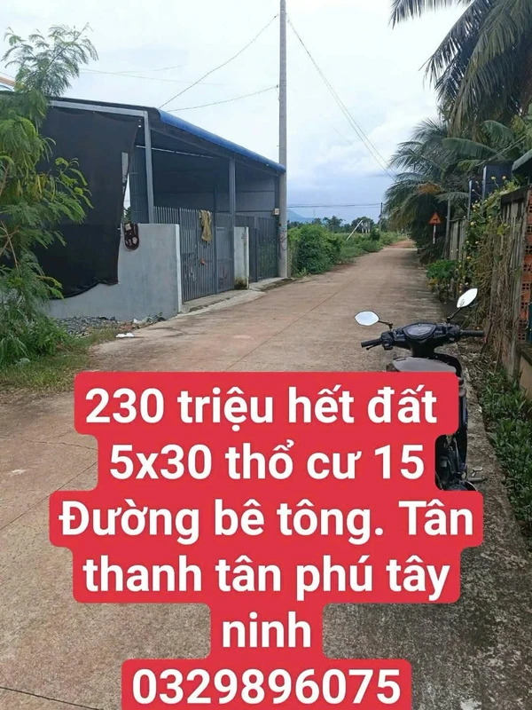 Bán đất 5x30m (150m2) thổ cư 15m2, đường bê tông, Tân Phú, Tây Ninh giá 230 triệu