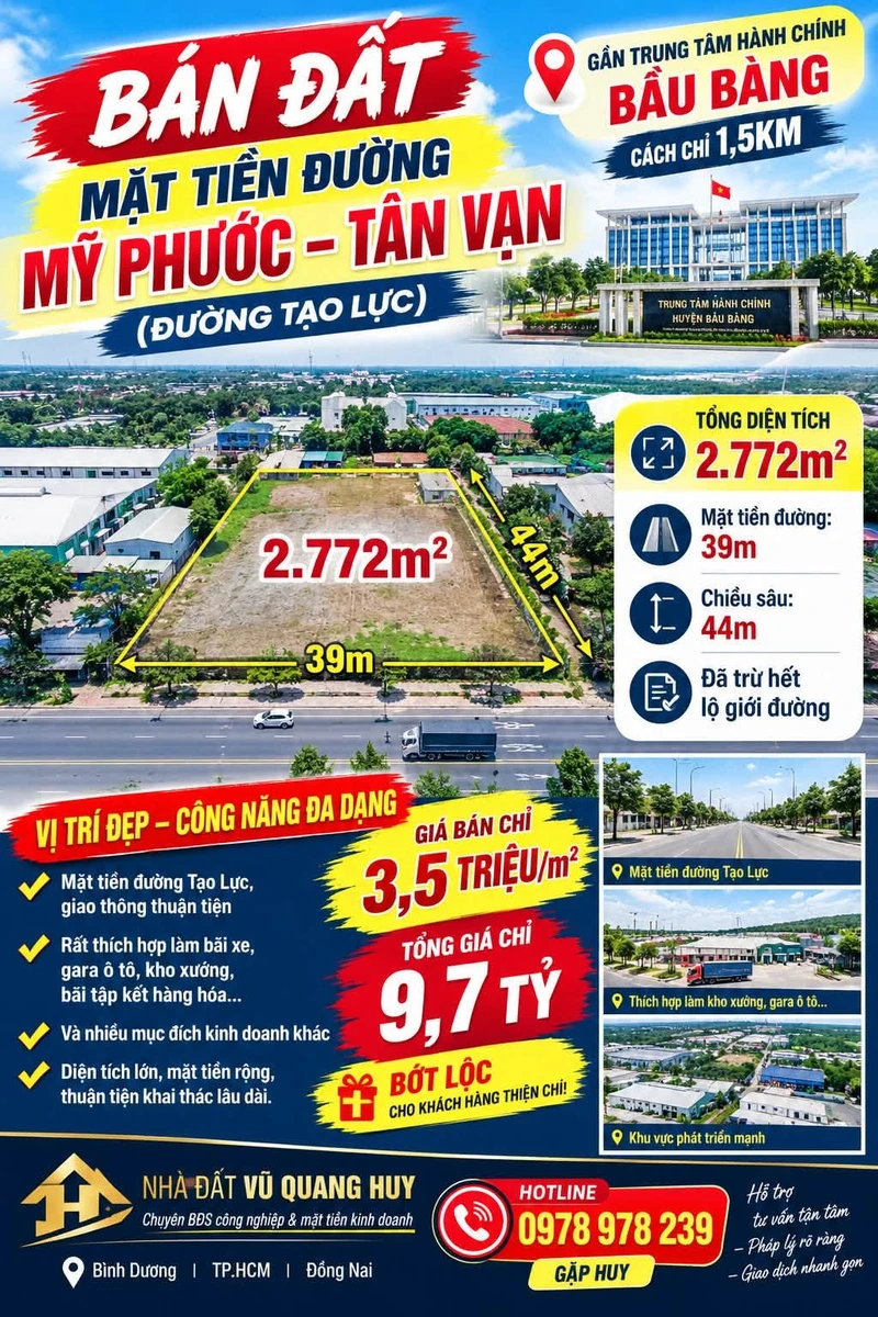 Bán đất mặt tiền đường Tạo Lực 2.772m² gần trung tâm hành chính Bầu Bàng, giá 9,7 tỷ - Ảnh 1