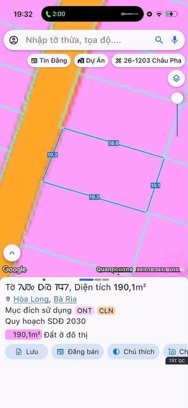 Bán lô đất mặt tiền 190m2 Hoà Long Bà Rịa