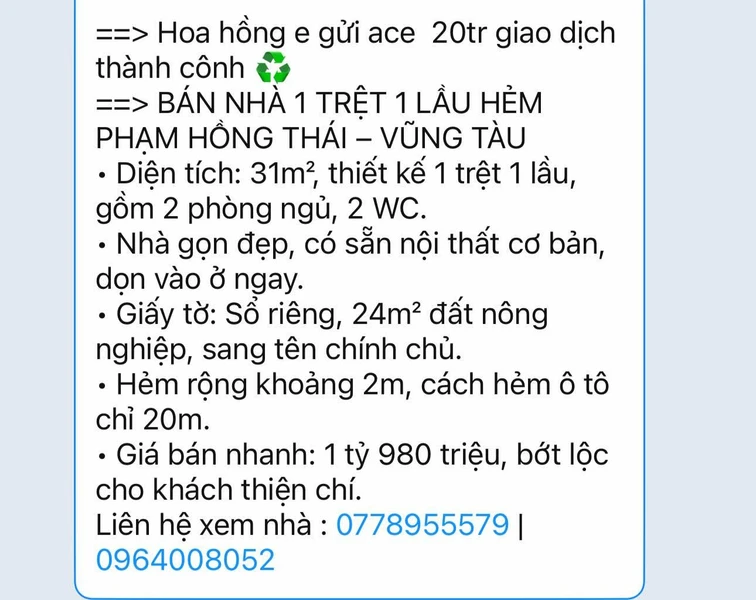 Bán nhà 1 trệt 1 lầu 31m², 2PN 2WC, Vũng Tàu