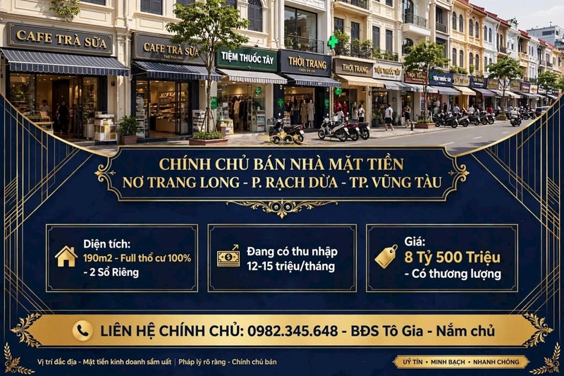 Bán nhà mặt tiền kinh doanh 190m² Lơ Trang Long, Rạch Dừa, Vũng Tàu