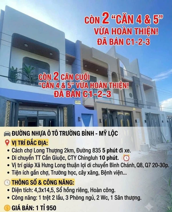 Bán nhà 3PN 2WC 62m² Mỹ Lộc Cần Giuộc Long An 1,95 tỷ