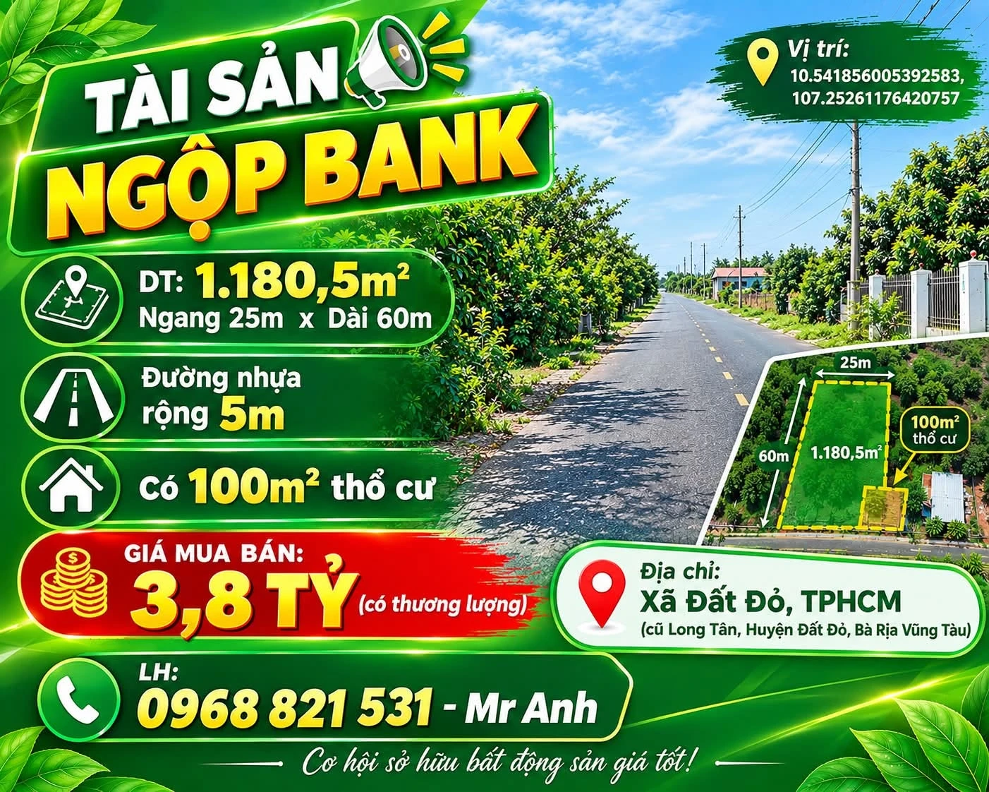 Bán lô đất 1.180m2 có nhà trọ, mặt tiền đường, 1,8 tỷ - Ảnh 1