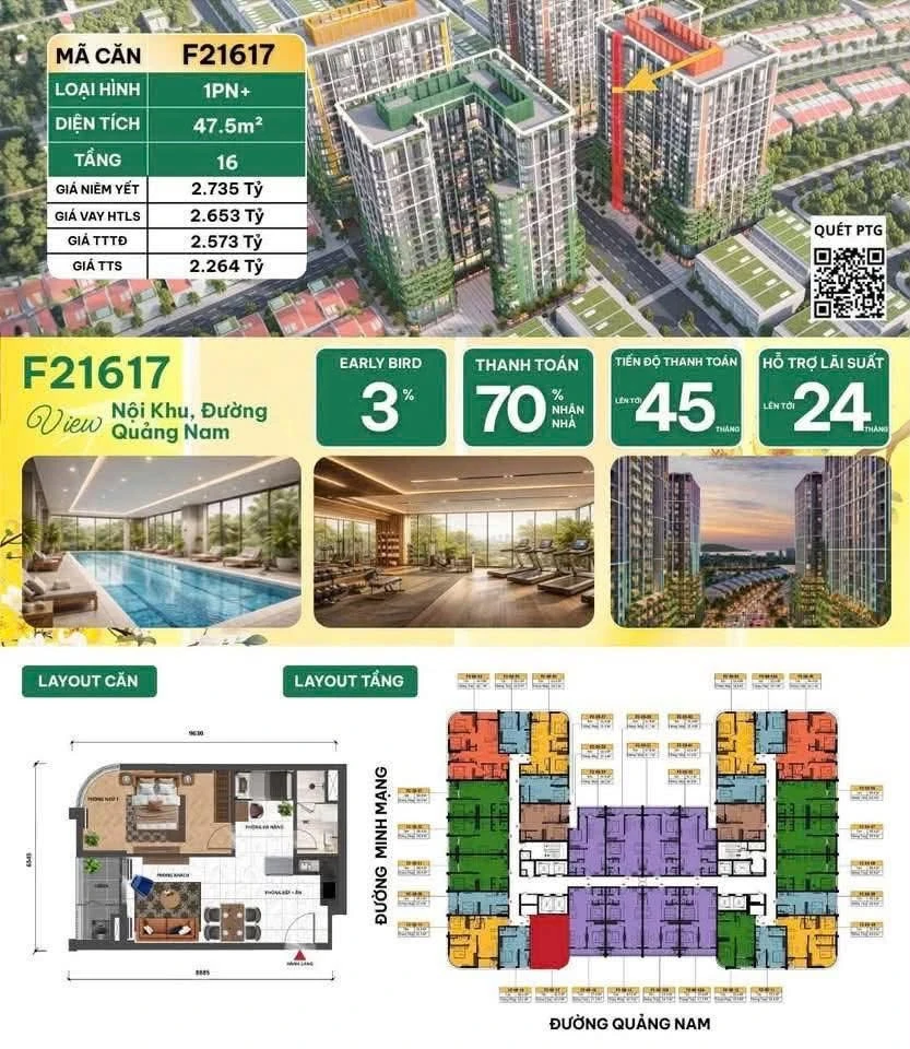 Bán căn hộ 1PN+ 47,5m² tầng 16, giá 2,264 tỷ, Nguyễn Phước Lan x Minh Mạng - Ảnh 1