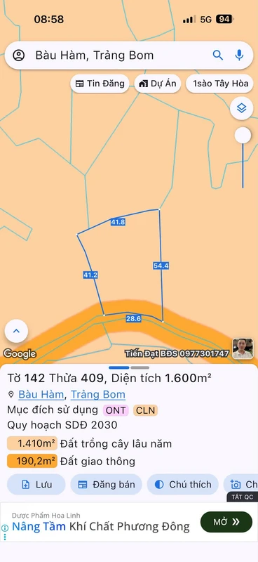 Bán đất 1600m2 mặt tiền đường nhựa tại Bàu Hàm, Trảng Bom, Đồng Nai
