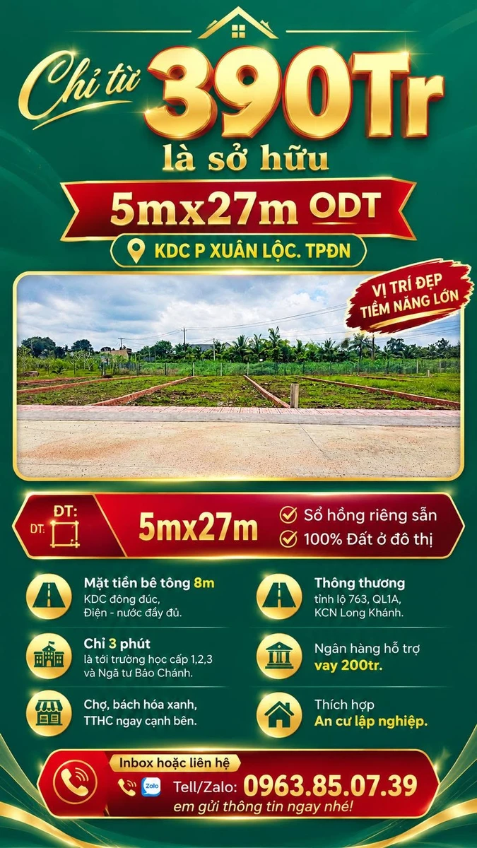 Bán đất ở đô thị 5x27m, 390 triệu, Phường Xuân Lộc, TP Đồng Nai - Ảnh 1