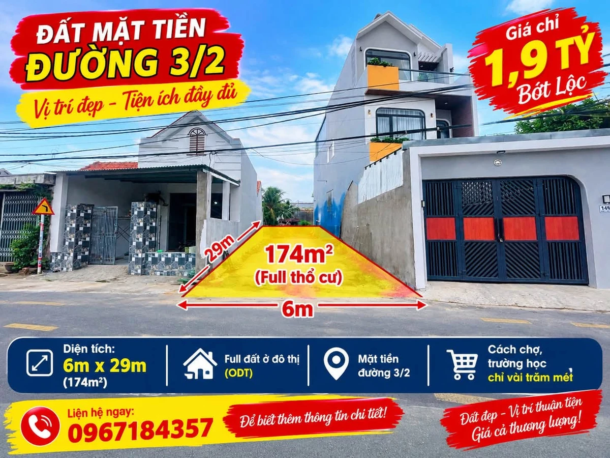 Bán đất mặt tiền đường 3/2, 174m², 1,9 tỷ - Ảnh 1
