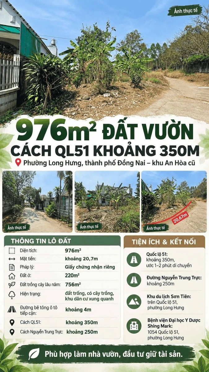 Bán đất vườn 976m² Long Hưng, Đồng Nai, 9,49 tỷ - Ảnh 1