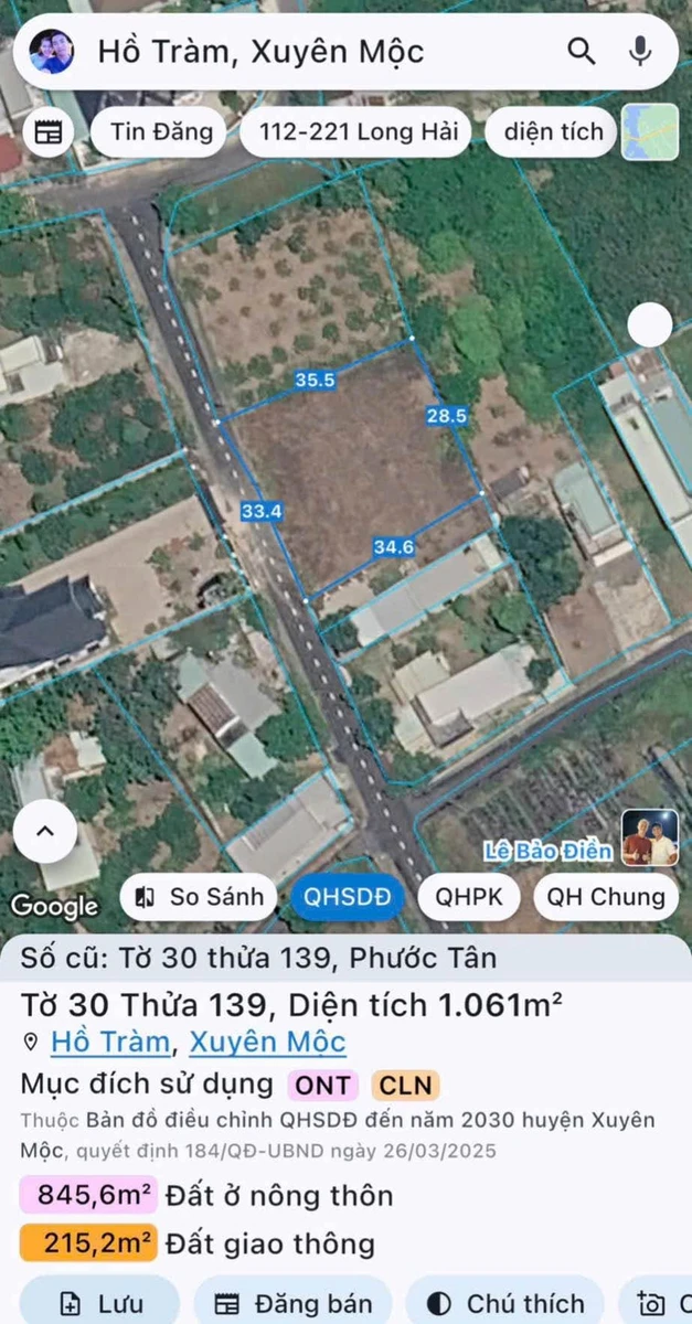 Bán đất Xã Hồ Tràm 1061m2, gần Phước Bửu 6,5 tỷ - Ảnh 1