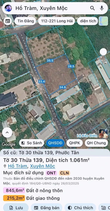 Bán đất Xã Hồ Tràm 1061m2, gần Phước Bửu 6,5 tỷ