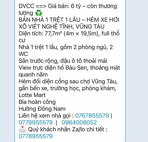 Bán nhà 1 trệt 1 lầu 77.7m² Xô Viết Nghệ Tĩnh, Vũng Tàu