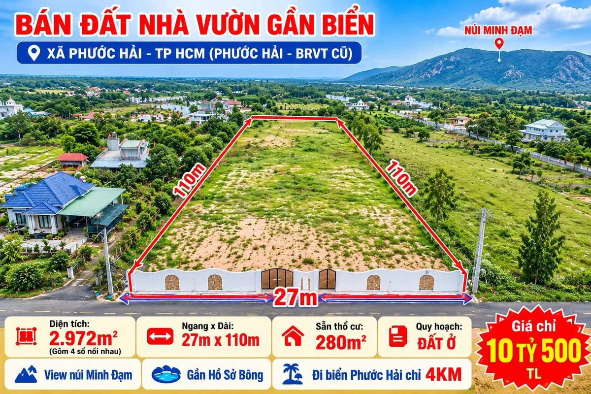 Bán đất nhà vườn 2.972m² view núi gần biển Phước Hải - Ảnh 1