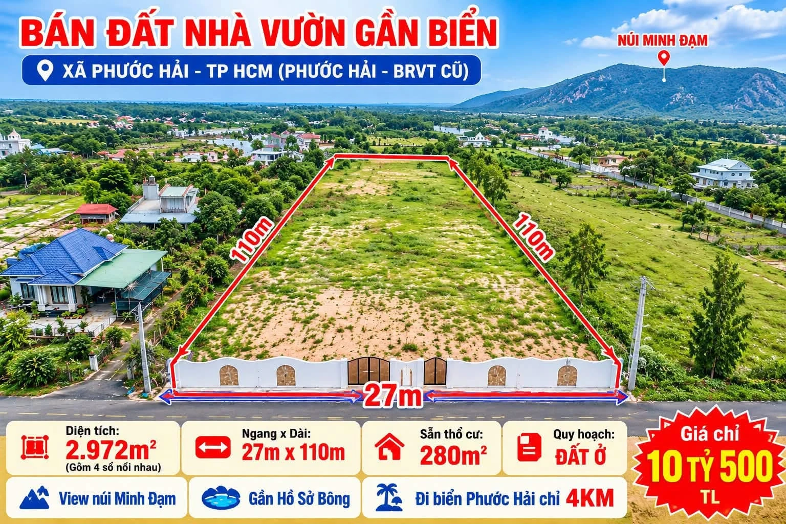 Bán đất nhà vườn 2.972m² view núi gần biển Phước Hải - Ảnh 1
