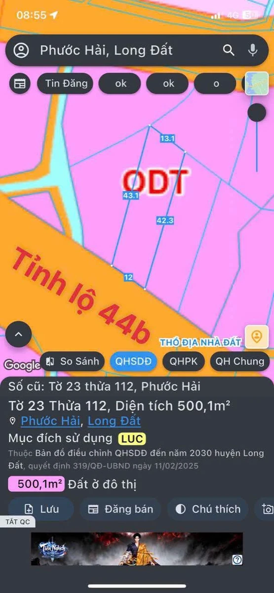 Bán đất 500m2 mặt tiền tỉnh lộ 44B Phước Hải 3 tỷ 5 - Ảnh 1