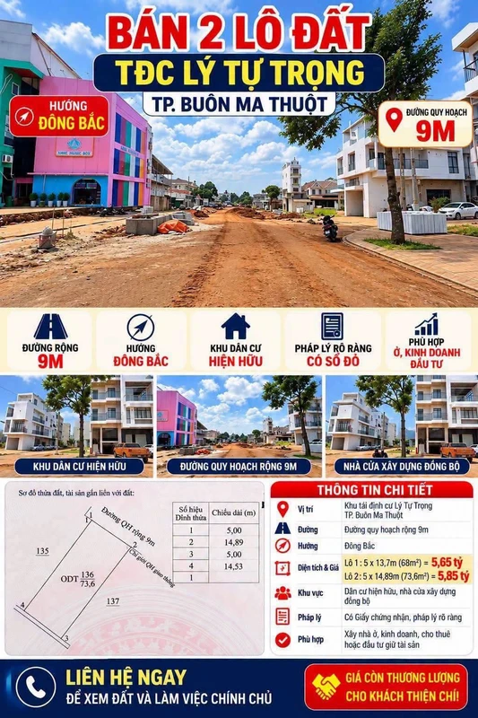 Bán 2 lô đất khu tái định cư Lý Tự Trọng, 68m² và 73.6m²