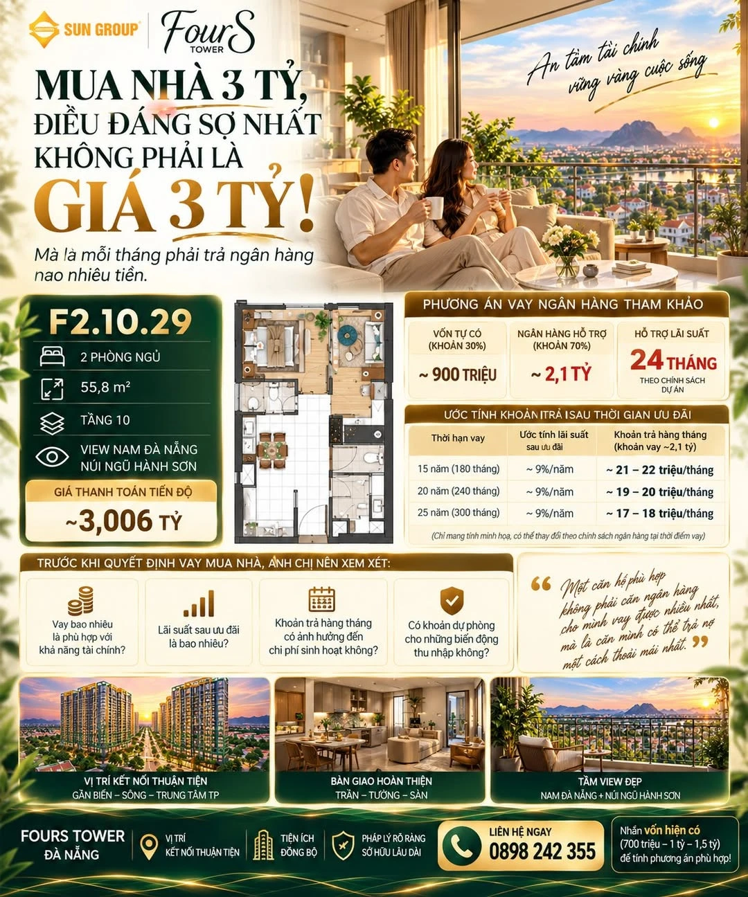 Bán căn hộ 1PN+ 55,8m² tầng 15 FourS Tower, Đà Nẵng, giá khoảng 3,315 tỷ - Ảnh 1