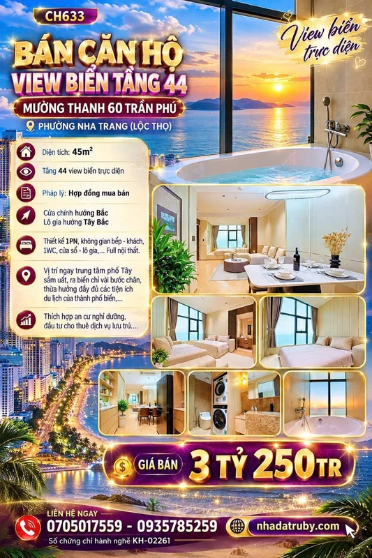 Bán căn hộ studio view biển tầng 44 Mường Thanh 60 Trần Phú, Nha Trang, 45m2, 3,25 tỷ