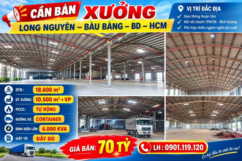 Bán xưởng 18.600m2 Long Nguyên, Bàu Bàng, Bình Dương giá 70 tỷ