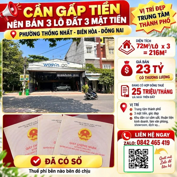 Bán 3 lô đất 216m² 3 mặt tiền Biên Hòa Đồng Nai