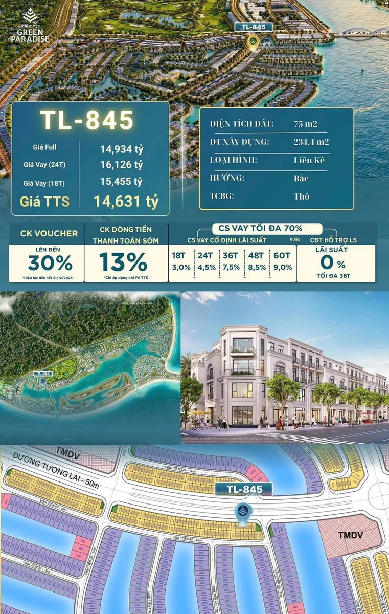 Bán liền kề 234m² Vinhomes Green Paradise 14,6 tỷ - Ảnh 1