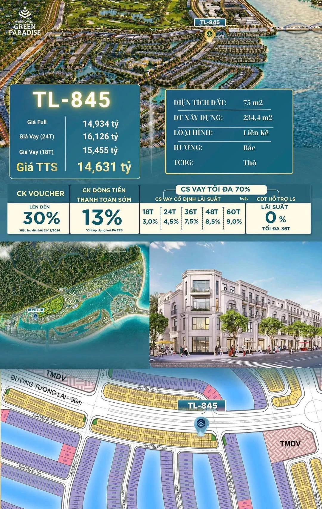 Bán liền kề 234m² Vinhomes Green Paradise 14,6 tỷ - Ảnh 1