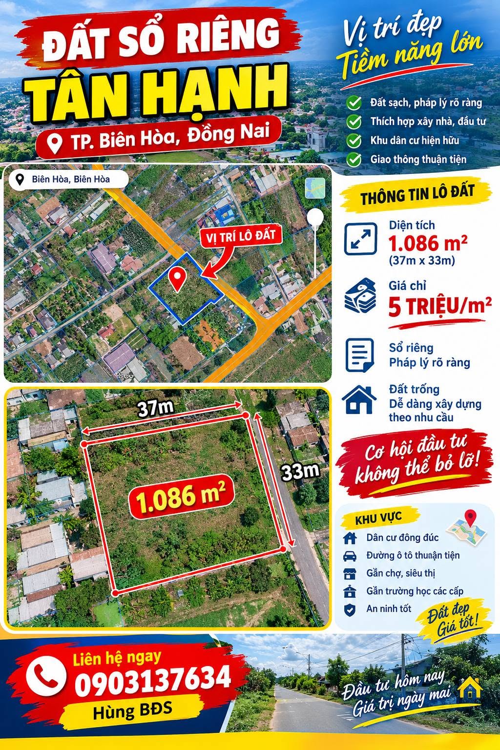 Bán đất sổ riêng Tân Hạnh Biên Hòa 1.086m² giá 5 triệu/m²