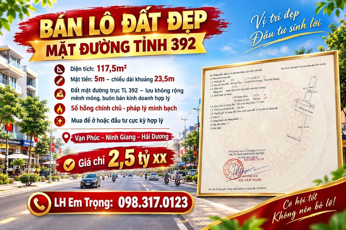 Bán lô đất 117,5m² mặt tiền TL392 Vạn Phúc, Ninh Giang - Ảnh 1