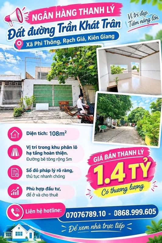 Bán đất 108 m2 Trần Khát Chân, Rạch Giá, 1,4 tỷ