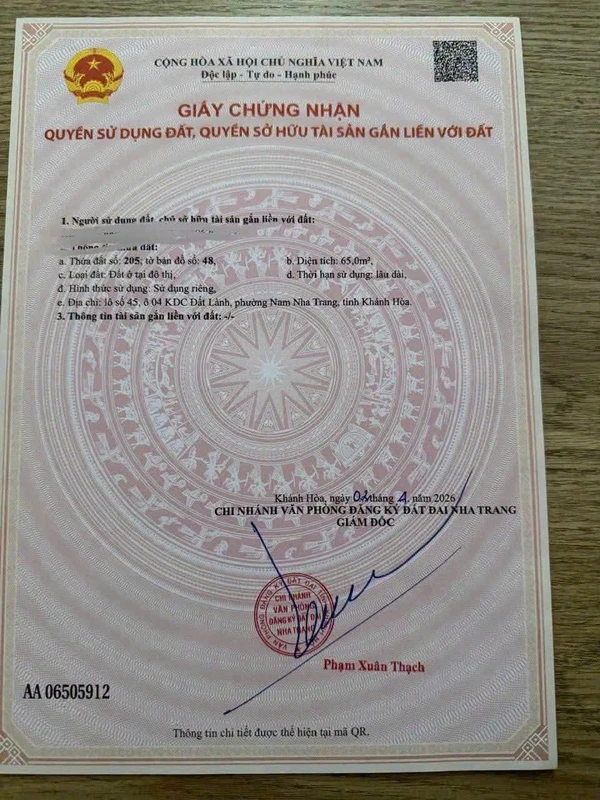 Bán lô đất 65m2 đối diện công viên TĐC Đất Lành Vĩnh Thái, Nha Trang giá 2,2 tỷ