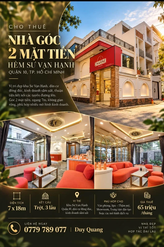 Cho thuê nhà góc 2 mặt tiền hẻm Sư Vạn Hạnh, Quận 10, 7x18m, 65 triệu/tháng
