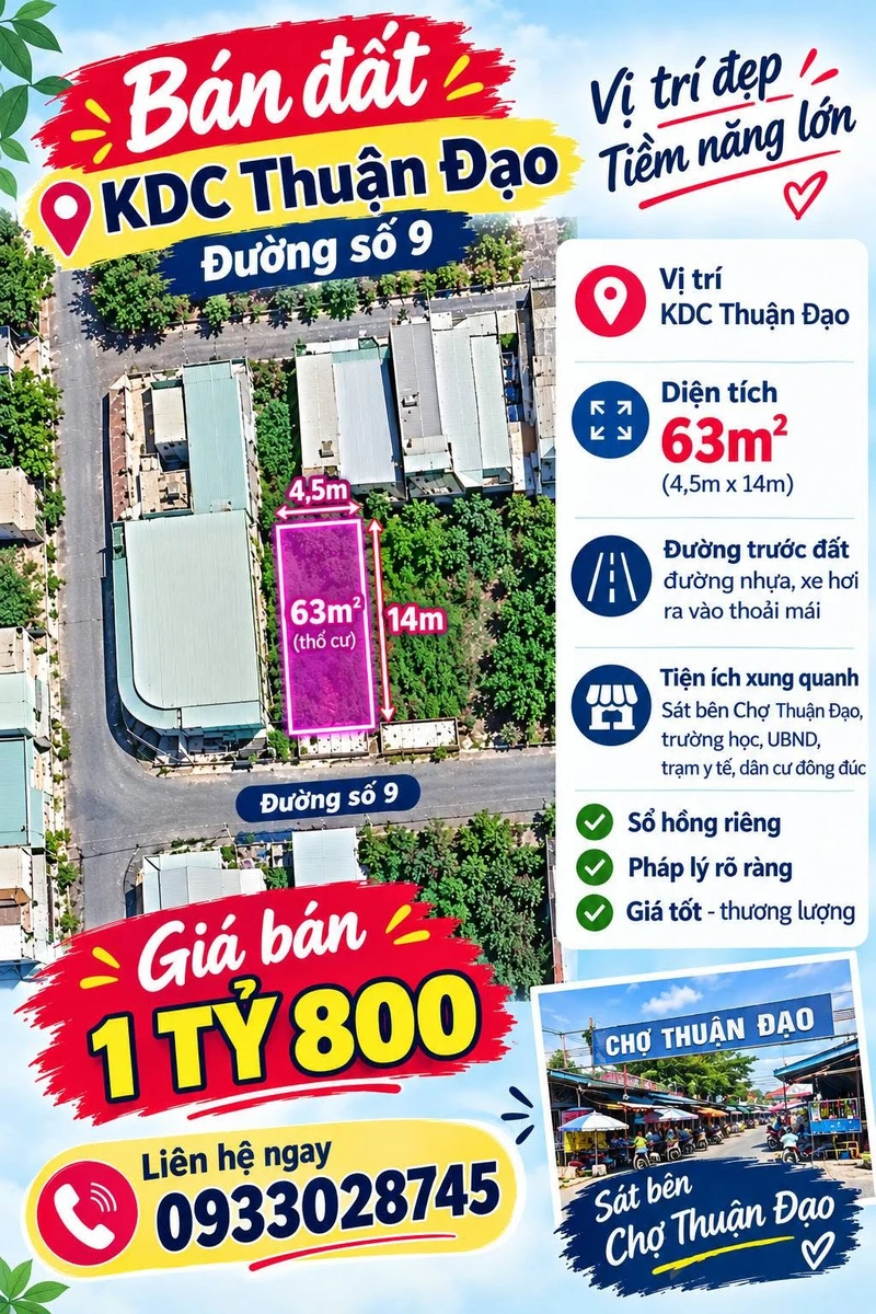 Bán đất KDC Thuận Đạo 63m² 1 tỷ 800 - Ảnh 1