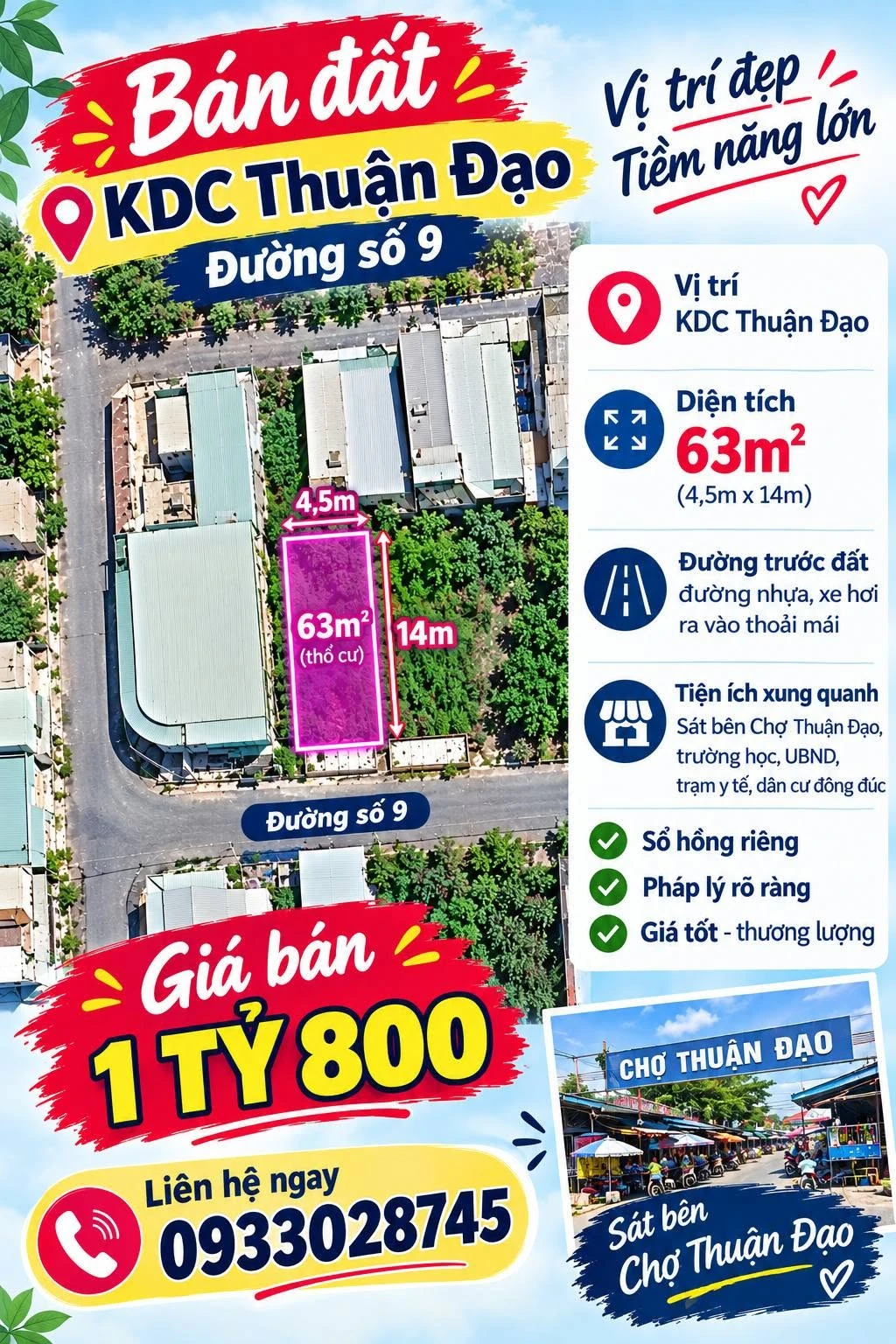 Bán đất KDC Thuận Đạo 63m² 1 tỷ 800 - Ảnh 1