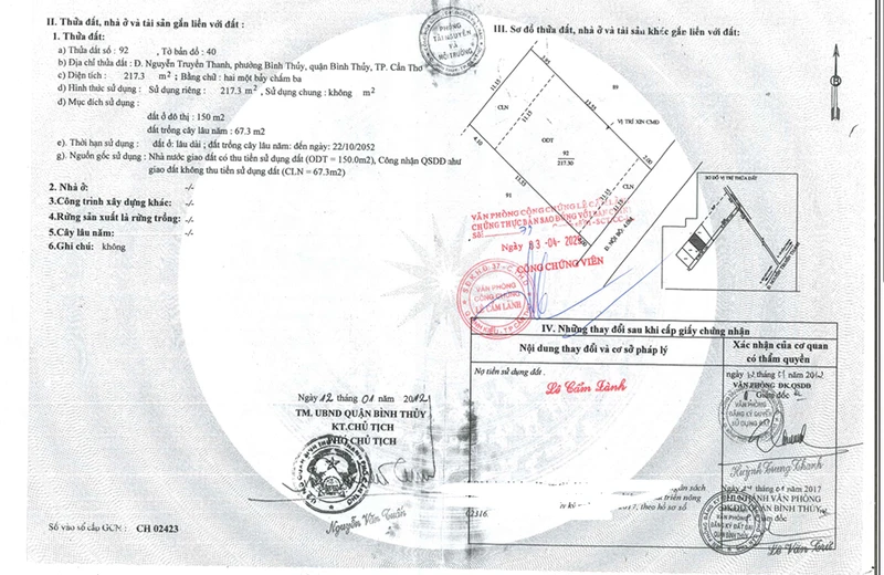 QSDĐ tại thửa đất số: 92, tờ bản đồ số: 40, Nguyễn Truyền Thanh, Bình Thủy, Bình Thủy, TP. Cần Thơ