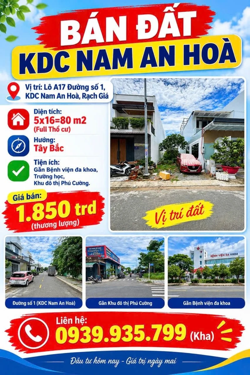 Bán đất 80m2 thổ cư KDC Nam An Hoà, Rạch Giá, giá 1,85 tỷ - Ảnh 1